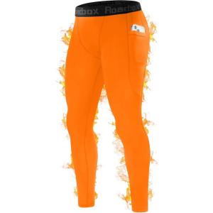 imageRoadbox Mens Thermal Compression Pants Fleece Lined Running Tights with Pockets Ski Leggings Athletic Base Layer BottomsOrange