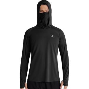 imageRoadbox Mens UPF 50 Hooded Fishing Shirts Long Sleeve Sun Protection Hoodie Hiking Running Swimming Rash Guard with MaskBlack