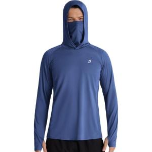 imageRoadbox Mens UPF 50 Hooded Fishing Shirts Long Sleeve Sun Protection Hoodie Hiking Running Swimming Rash Guard with MaskNavy