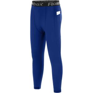 imageRoadbox Boys Compression Pants Youth Athletic Sports Legging with Pocket Base Layer Tights for Kids Running FootballOcean Blue
