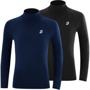 imageRoadbox Boys Girls Compression Shirts  Youth Long Sleeve Athletic Undershirt Mock Neck for Football Baseball Basketball2packblacknavy Blue