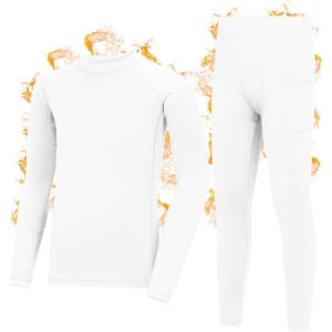 imageRoadbox Boys Thermal Underwear Sets Ultra Soft FLeece Lined Long Johns Base Layer Top and Bottoms with PocketsWhite