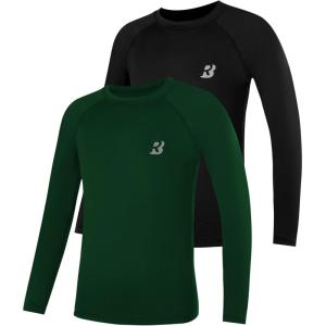 imageRoadbox Boys Youth Compression Shirts  Long Sleeve Athletic Undershirt Kids Quick Dry Base Layers for Baseball Soccer2packblackdark Green