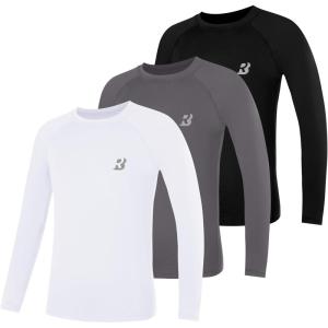 imageRoadbox Boys Youth Compression Shirts  Long Sleeve Athletic Undershirt Kids Quick Dry Base Layers for Baseball Soccer3packblack grey white