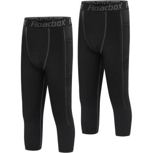 imageRoadbox Boys 34 Compression Leggings Pants Youth Sports Capri Running Tights Kids Basketball Base Layer with PocketsBlackblack