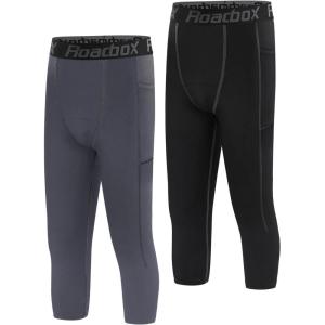 imageRoadbox Boys 34 Compression Leggings Pants Youth Sports Capri Running Tights Kids Basketball Base Layer with PocketsBlackgray