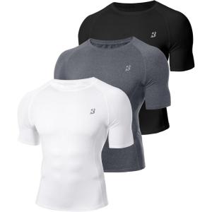 imageRoadbox Mens Compression Shirt Short Sleeve 3 Pack Cool Dry Workout Base Layer Undershirts Athletic TShirt for Gym SportsBlackwhitelight Grey
