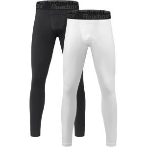 imageRoadbox 2 Pack Boys Compression Pants Leggings Base Layer Underwear Youth Quick Dry Spandex Tights Running FootballBlackwhite