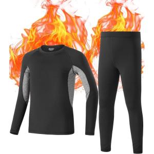 imageRoadbox Boys Thermal Underwear Sets Ultra Soft FLeece Lined Long Johns Base Layer Top and Bottoms with PocketsBlack  Gray
