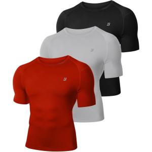 imageRoadbox 3 Pack Mens Compression Shirt Short Sleeve Athletic Football Running Base Layer Cool Dry T Shirts for Sports WorkoutBlackLight GrayRed