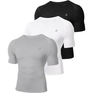 imageRoadbox 3 Pack Mens Compression Shirt Short Sleeve Athletic Football Running Base Layer Cool Dry T Shirts for Sports WorkoutBlackWhiteLight Grey