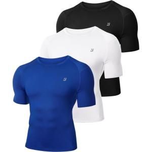 imageRoadbox 3 Pack Mens Compression Shirt Short Sleeve Athletic Football Running Base Layer Cool Dry T Shirts for Sports WorkoutBlackWhiteRoyal Blue