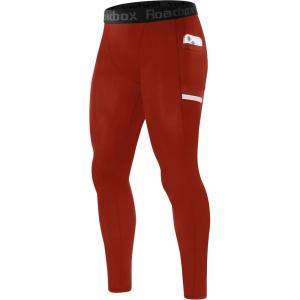 imageRoadbox Mens Compression Pants Running Tights with Pockets Athletic Leggings Base Layer for Workout Basketball Cycling Sport1 Packtomato Red