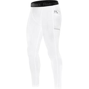 imageRoadbox Mens Compression Pants Running Tights with Pockets Athletic Leggings Base Layer for Workout Basketball Cycling Sport1 Packwhite