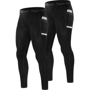 imageRoadbox Mens Compression Pants Running Tights with Pockets Athletic Leggings Base Layer for Workout Basketball Cycling Sport2 Packblackblack