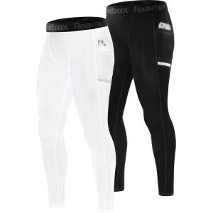imageRoadbox Mens Compression Pants Running Tights with Pockets Athletic Leggings Base Layer for Workout Basketball Cycling Sport2 Packblackwhite