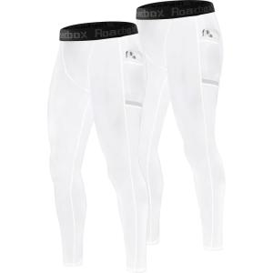 imageRoadbox Mens Compression Pants Running Tights with Pockets Athletic Leggings Base Layer for Workout Basketball Cycling Sport2 Packwhitewhite