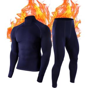 imageRoadbox Thermal Underwear for Men Fleece Lined Long Johns Base Layer Long Sleeve Top ampamp Bottom SetMock Neck Blue