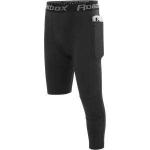 imageRoadbox Boys One Leg Compression PantsAthletic 34 Football TightsYouth Single Leg Sports Base Layer Leggings PocketsBlack