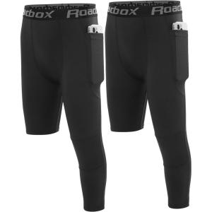 imageRoadbox Boys One Leg Compression PantsAthletic 34 Football TightsYouth Single Leg Sports Base Layer Leggings PocketsBlackblack