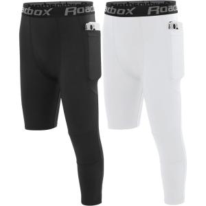 imageRoadbox Boys One Leg Compression PantsAthletic 34 Football TightsYouth Single Leg Sports Base Layer Leggings PocketsBlackwhite