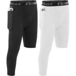 imageRoadbox Boys One Leg Compression PantsAthletic 34 Football TightsYouth Single Leg Sports Base Layer Leggings PocketsWhiteblack
