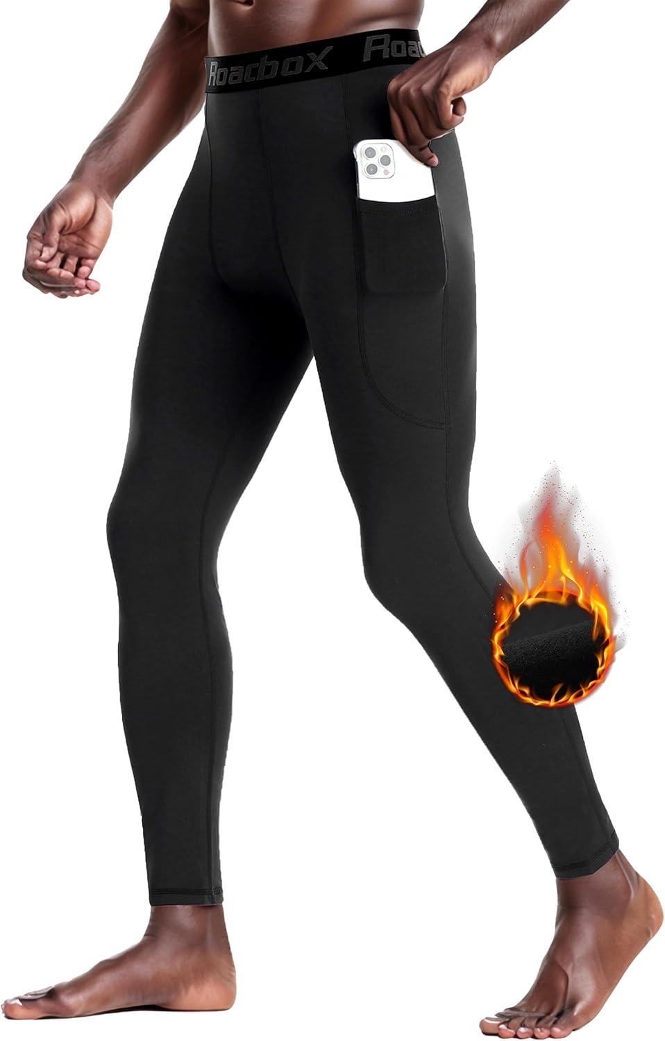 imageMens Fleece Lined Thermal Compression Pants  Running Tights with Pockets Ski Leggings Athletic Base Layer BottomsBlack