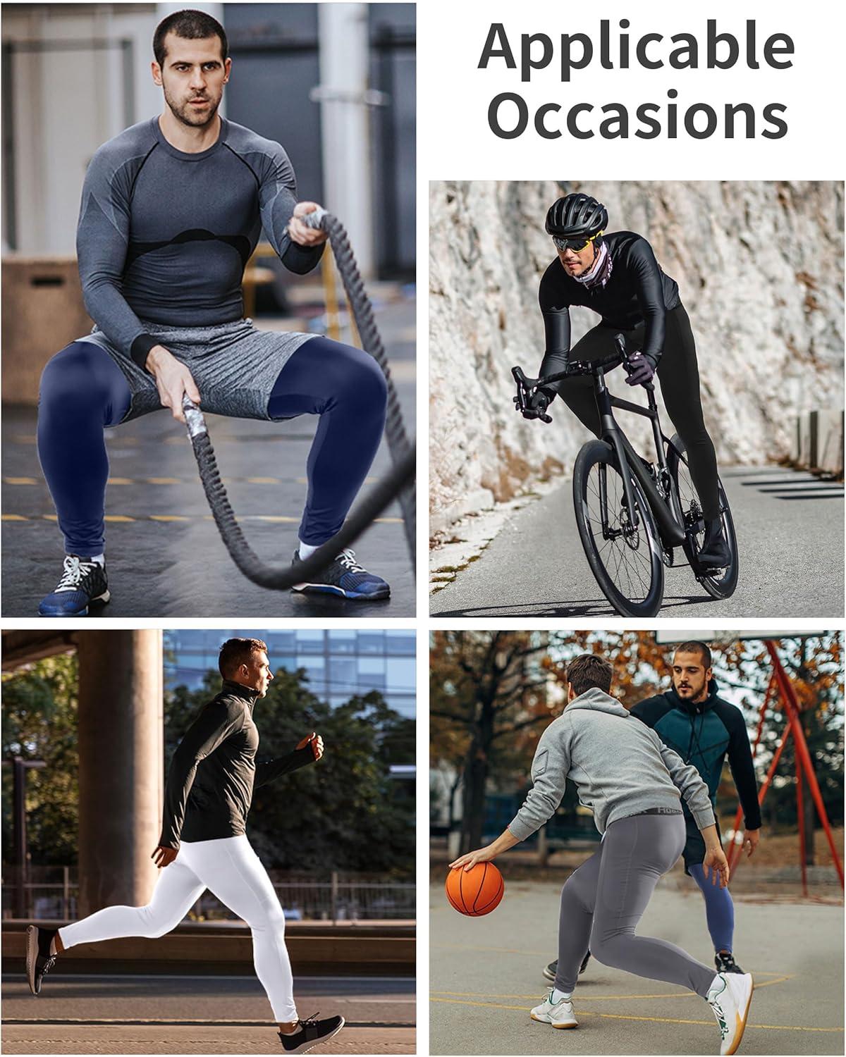 imageMens Fleece Lined Thermal Compression Pants  Running Tights with Pockets Ski Leggings Athletic Base Layer BottomsBlack