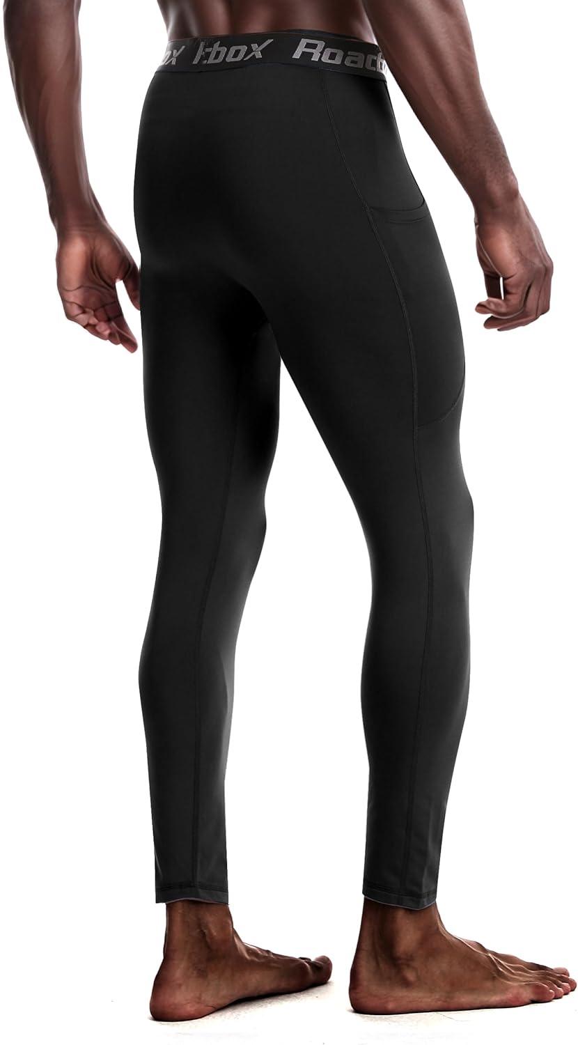 imageMens Fleece Lined Thermal Compression Pants  Running Tights with Pockets Ski Leggings Athletic Base Layer BottomsBlack