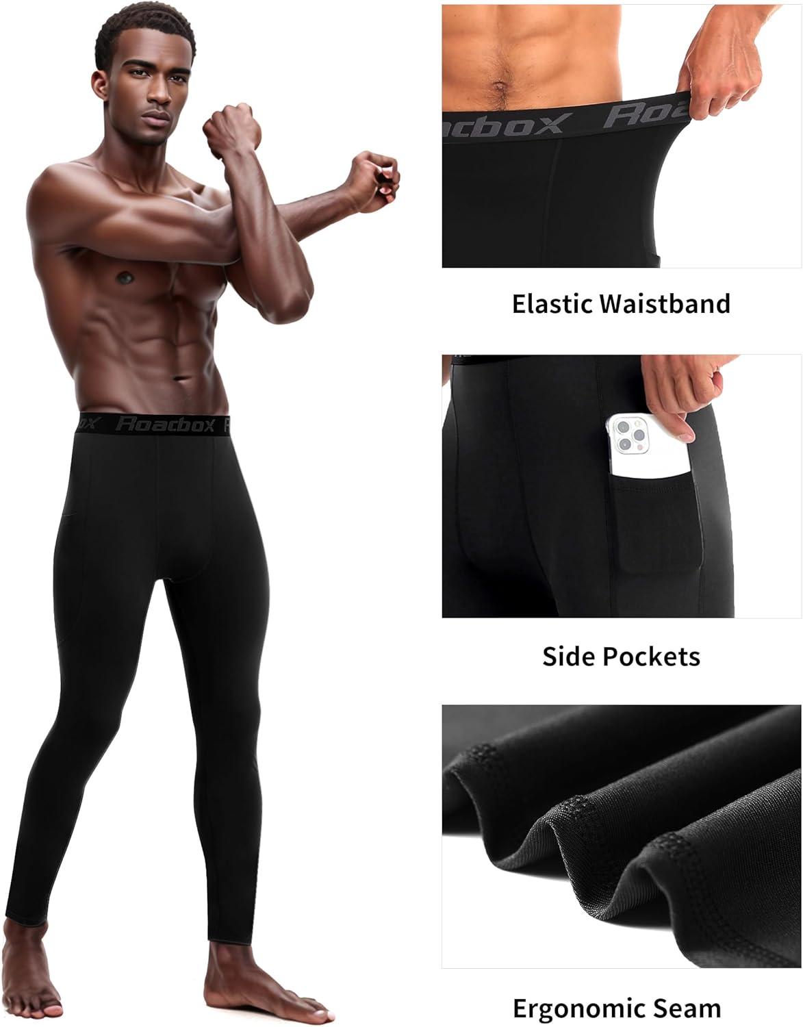 imageMens Fleece Lined Thermal Compression Pants  Running Tights with Pockets Ski Leggings Athletic Base Layer BottomsBlack