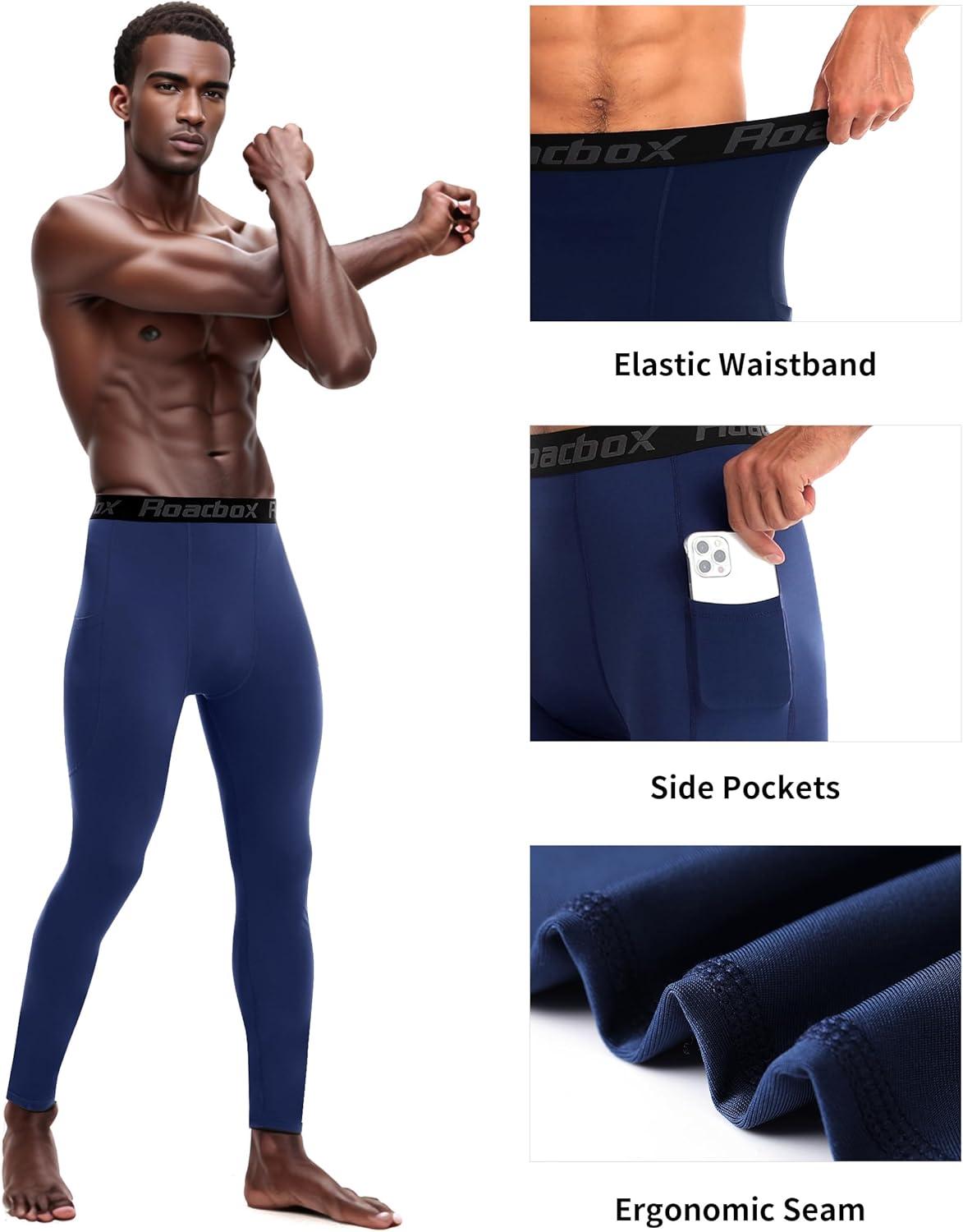 imageMens Fleece Lined Thermal Compression Pants  Running Tights with Pockets Ski Leggings Athletic Base Layer BottomsNavy Blue
