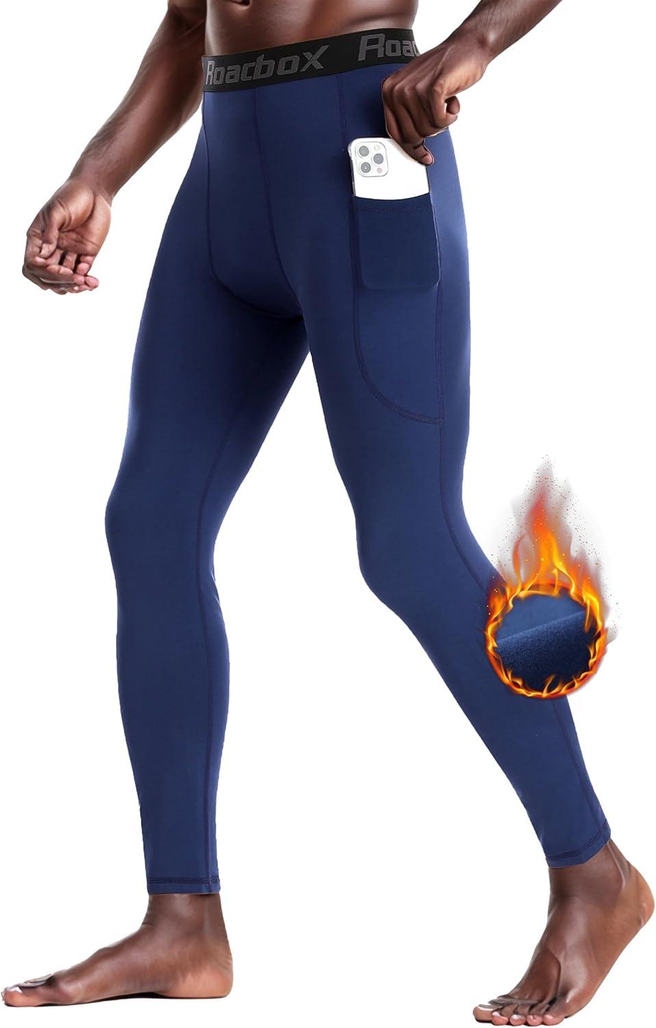 imageMens Fleece Lined Thermal Compression Pants  Running Tights with Pockets Ski Leggings Athletic Base Layer BottomsNavy Blue