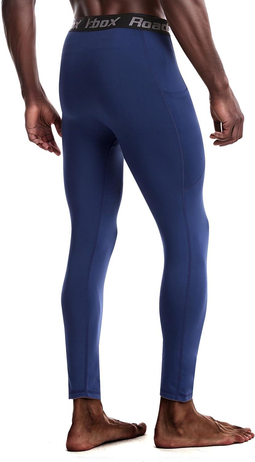 imageMens Fleece Lined Thermal Compression Pants  Running Tights with Pockets Ski Leggings Athletic Base Layer BottomsNavy Blue
