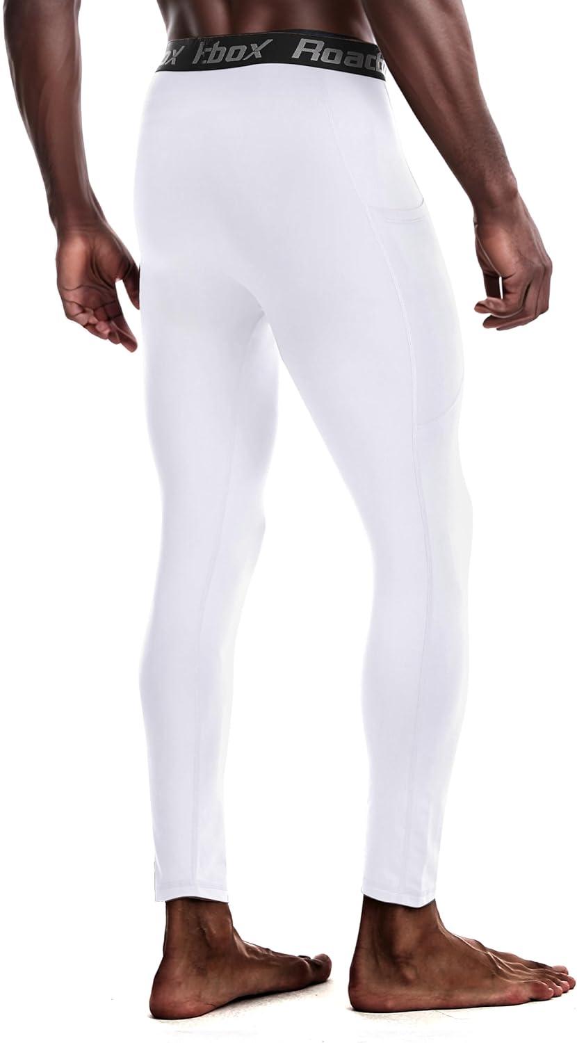 imageMens Fleece Lined Thermal Compression Pants  Running Tights with Pockets Ski Leggings Athletic Base Layer BottomsWhite