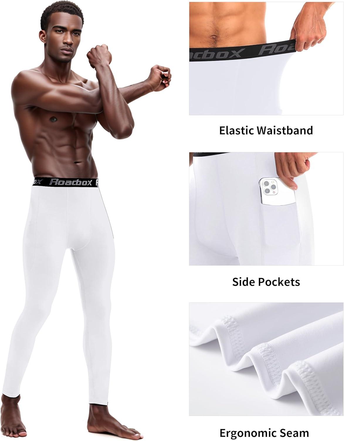 imageMens Fleece Lined Thermal Compression Pants  Running Tights with Pockets Ski Leggings Athletic Base Layer BottomsWhite