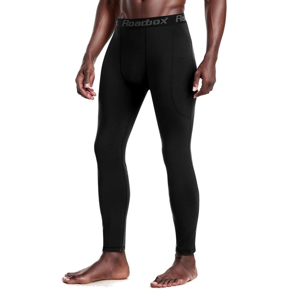 imageMens Fleece Lined Thermal Compression Pants  Running Tights with Pockets Ski Leggings Athletic Base Layer BottomsBlack