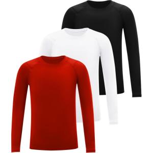 imageRoadbox Youth Compression Shirt Long Sleeve Boys Baseball Athletic Undershirt Kids Quick Dry Base Layer for Football SportsRedblackwhite