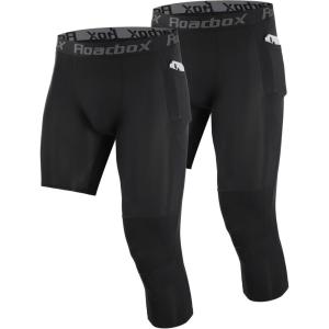 imageRoadbox Mens One Leg Compression Pants 34 Single Leg Football Basketball Tights Sports Athletic Leggings with PocketsLeft Single Blackblack