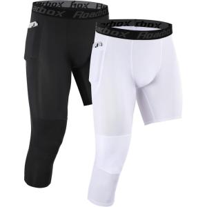 imageRoadbox Mens One Leg Compression Pants 34 Single Leg Football Basketball Tights Sports Athletic Leggings with PocketsRight Single Blackwhite