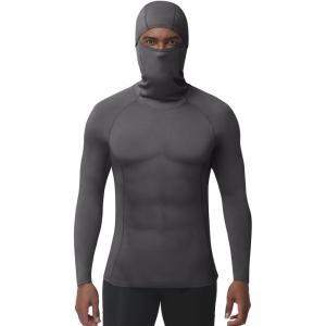 imageRoadbox Mens Compression Shirt Hoodie with Mask Long Sleeve Workout Athletic Base Layer Sports Gym Running Undershirt TopGray