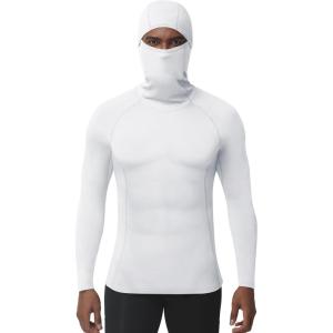 imageRoadbox Mens Compression Shirt Hoodie with Mask Long Sleeve Workout Athletic Base Layer Sports Gym Running Undershirt TopWhite