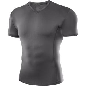 imageRoadbox Mens Compression Shirt Short Sleeve VNeck Gym Running Sports TShirt Cool Dry Athletic Base Layer UndershirtsDark Gray