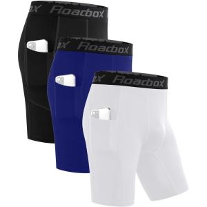 imageRoadbox Mens Compression Shorts with Pockets 3 Pack 9 Performance Running Base Layer for Workout Sports UnderwearBlacksea Bluewhite