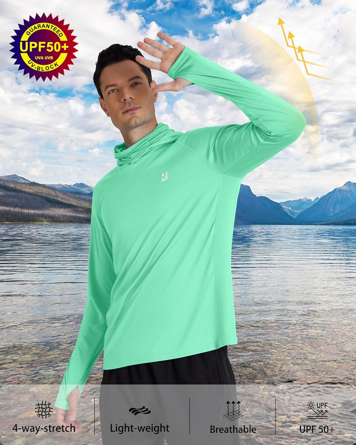 imageRoadbox Mens UPF 50 Hooded Fishing Shirts Long Sleeve Sun Protection Hoodie Hiking Running Swimming Rash Guard with MaskSeaweed Green