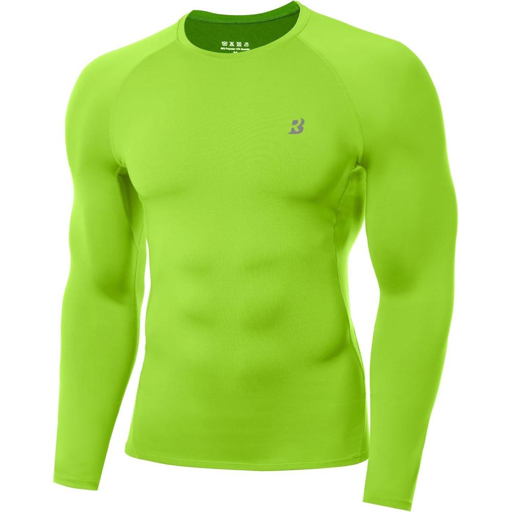 imageRoadbox Mens Compression Shirt Cool Dry Long Sleeve Workout Shirts Running Athletic Football Gym Base Layer Tops UPF 50Lime Green