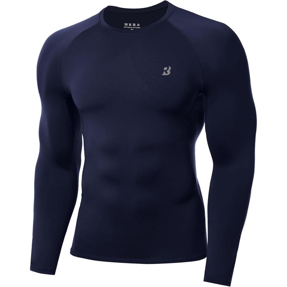 imageRoadbox Mens Compression Shirt Cool Dry Long Sleeve Workout Shirts Running Athletic Football Gym Base Layer Tops UPF 50Navy