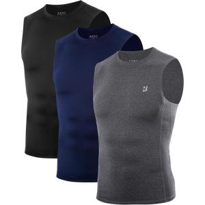 imageRoadbox 3 Pack Mens Sleeveless Compression Shirt Cool Dry Athletic Workout Tank Top Sports Running Gym Base Layer Shirts3 Pack Black  Navy  Dark Gray