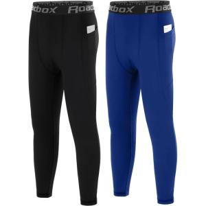 imageRoadbox Boys Compression Pants Youth Athletic Sports Legging with Pocket Base Layer Tights for Kids Running FootballBlacksea Blue