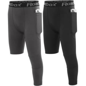 imageRoadbox Boys One Leg Compression PantsAthletic 34 Football TightsYouth Single Leg Sports Base Layer Leggings PocketsBlackgray
