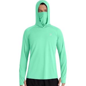 imageRoadbox Mens UPF 50 Hooded Fishing Shirts Long Sleeve Sun Protection Hoodie Hiking Running Swimming Rash Guard with MaskSeaweed Green